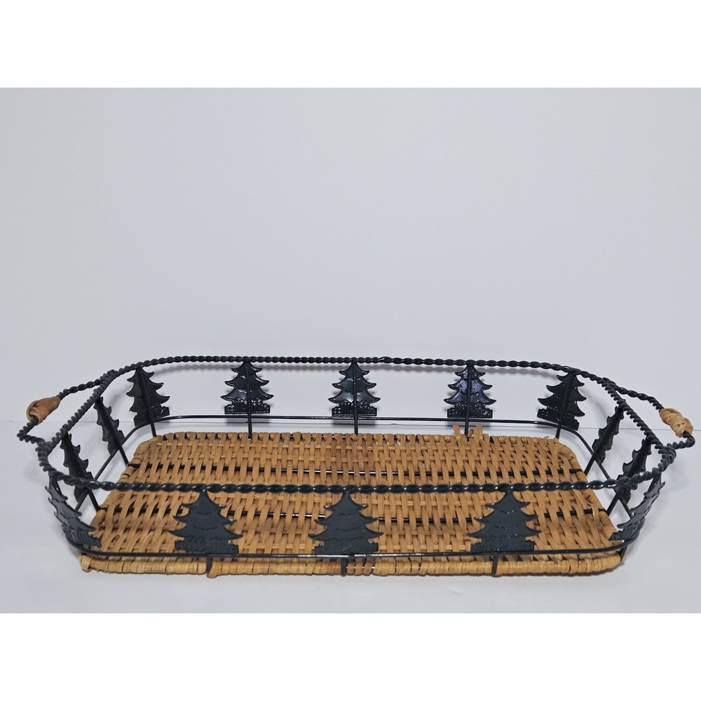 Pyrex 9x13 Casserole Serving Basket Holiday Christmas Tree Rattan Metal Vintage